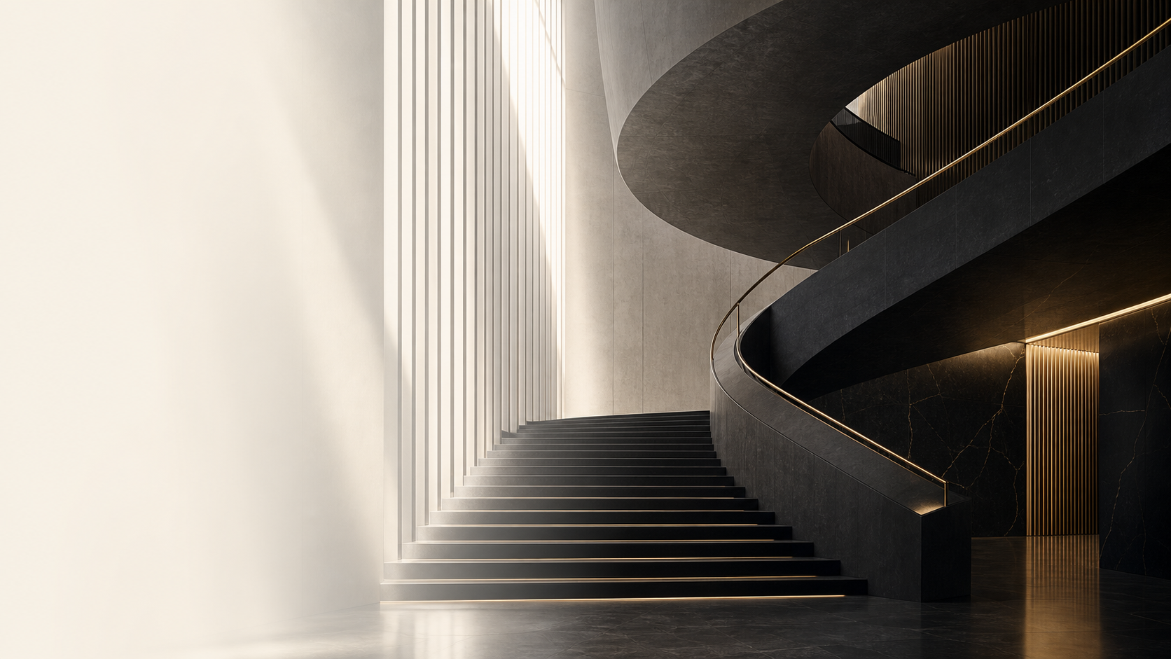Institutional architecture interior with controlled light, structure, and executive scale