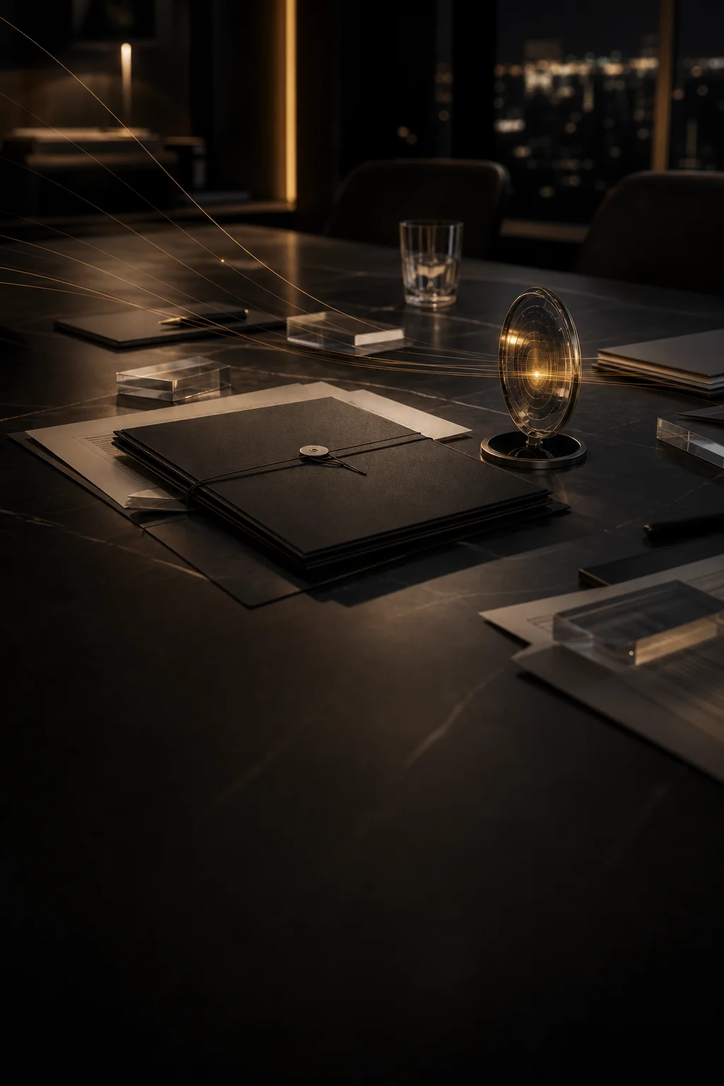 Private executive advisory room with confidential briefing materials and a controlled decision lens